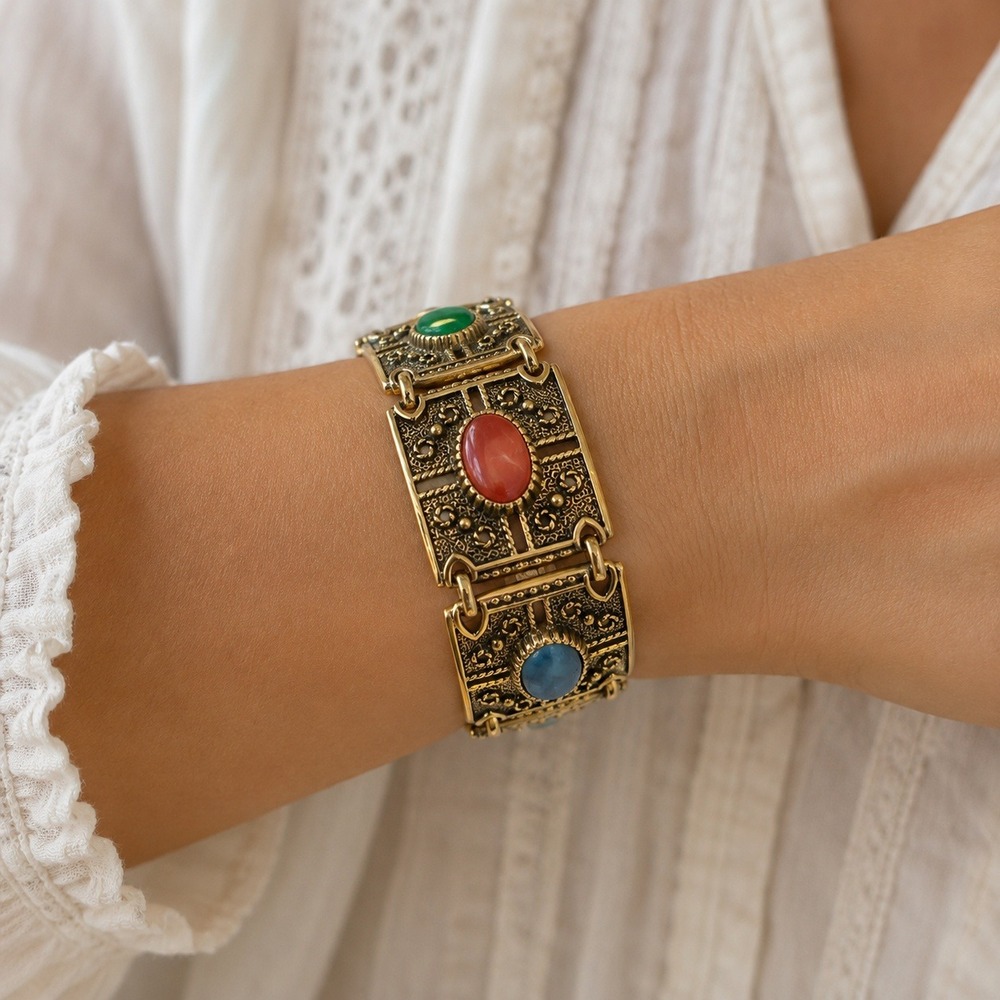 Vintage Sarah Coventry Granada Panel Bracelet Oval Multicolor Cabochons Signed
